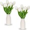 2 Packs Faux Flowers Artificial Tulips with Ceramic Vase, Poly Foam White Tulips Real Touch Flower Arrangement for Home Kitchen Wedding Centerpiece Decoration